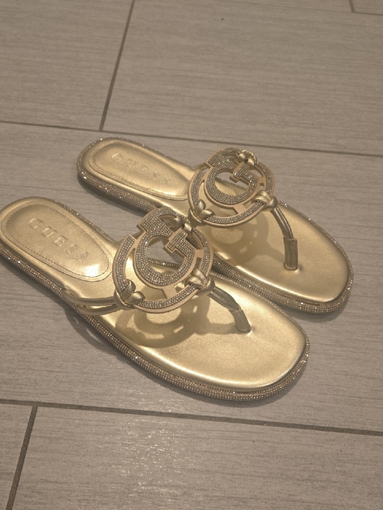 Guess Shoes - GUESS Gold Rhinestone Logo Thong Sandals SIZE 9.5 NWT